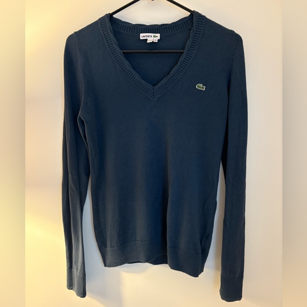 Lacoste Navy V-Neck Sweater Cotton Cashmere Blend | Y2K Long fit | Preppy |Elena - Picture 2 of 10